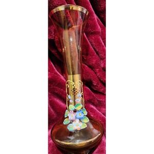 Vintage Amber Glass Handpainted Gold And Floral Gilded Vase , Nasco Japan 8 Inch